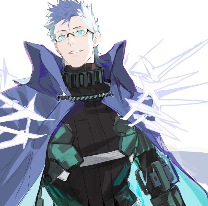 1boy black_hair blue_eyes coat fate/grand_order fate_(series) glasses highres juer1004 multicolored_hair short_hair shoulder_spikes sigurd_(fate) smile solo spikes sweater turtleneck turtleneck_sweater two-tone_hair upper_body white_hair