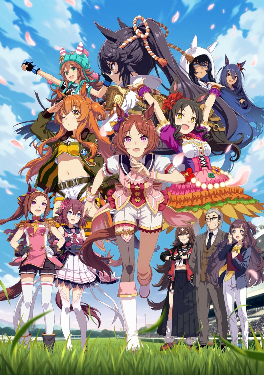 +_+ 1boy 6+girls absurdres akeishi_gorou akeishi_tsubaki animal_ears belt black_gloves black_hair black_jacket black_necktie black_skirt black_thighhighs blue_eyes boots breasts brown_hair brown_pants brown_pantyhose brown_vest cherry_blossoms choker clenched_hand clipboard closed_eyes cloud coat collared_shirt crop_top dark-skinned_female dark_skin day dog_tags epaulettes fang fist_in_hand flower flower-shaped_pupils glasses gloves grass green_eyes green_hat green_jacket grey_hair grey_jacket grin hair_flower hair_ornament hairband hands_on_own_hips hat highres hishi_amazon_(umamusume) horse_ears horse_girl horse_racing_track horse_tail isu8376 jacket long_hair looking_at_viewer loose_socks marvelous_sunday_(umamusume) mayano_top_gun_(umamusume) midriff multiple_girls multiple_views narita_brian_(umamusume) navel neckerchief necktie one_eye_closed one_side_up open_mouth orange_hair outdoors pants pantyhose petals pink_eyes pink_jacket ponytail puffy_short_sleeves puffy_sleeves red_eyes red_jacket rope running_towards_viewer sakura_bakushin_o_(umamusume) sakura_chiyono_o_(umamusume) sakura_laurel_(umamusume) samson_big_(umamusume) shading_eyes sharp_teeth shimenawa shirt shoes short_hair short_sleeves shorts single_leg_pantyhose single_thighhigh skirt small_breasts smile snowing_hazard_(umamusume) socks standing symbol-shaped_pupils tail teeth thighhighs umamusume umamusume:_star_blossom very_long_hair vest white_boots white_coat white_gloves white_pants white_shirt white_shorts white_skirt white_socks white_thighhighs wrist_cuffs yellow_neckerchief yoshino_prevail_(umamusume)