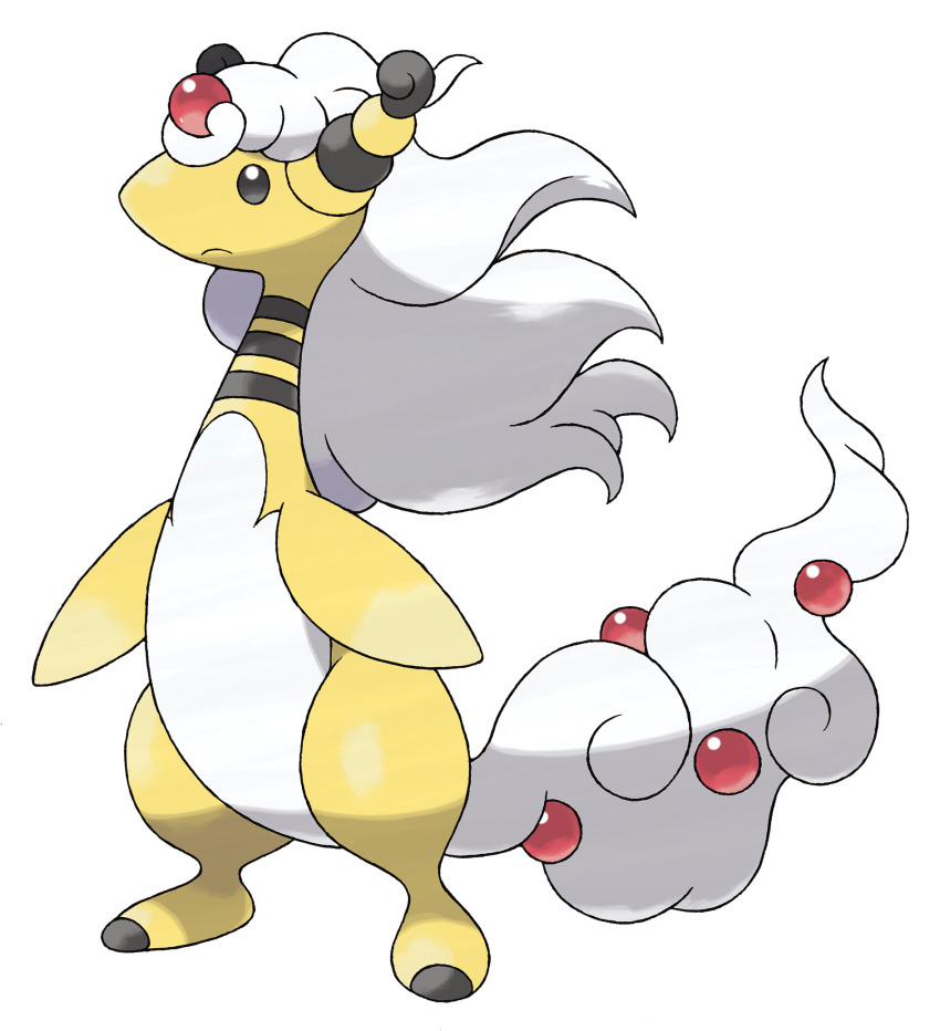 ampharos artist_request check_artist closed_mouth full_body gen_2_pokemon highres long_hair mega_ampharos mega_pokemon nintendo no_humans official_art pokemon pokemon_(creature) pokemon_focus pokemon_xy solo standing sugimori_ken third-party_source transparent_background white_hair