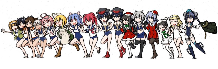 6+girls ahoge aqua_headwear asymmetrical_hair black_hair black_one-piece_swimsuit black_ribbon black_thighhighs blonde_hair blue_eyes blue_hair blue_one-piece_swimsuit brown_eyes brown_hair brown_neckerchief closed_eyes competition_swimsuit crop_top dress fake_horns flower framed_breasts garrison_cap glasses gloves gradient_necktie green_jacket grey_hair hair_between_eyes hair_flower hair_ornament hair_ribbon hairband hairclip hat headgear headphones highres holding_hands horned_headwear horns i-13_(kancolle) i-14_(kancolle) i-168_(kancolle) i-19_(kancolle) i-201_(kancolle) i-203_(kancolle) i-26_(kancolle) i-400_(kancolle) i-401_(kancolle) i-47_(kancolle) i-504_(kancolle) i-58_(kancolle) i-8_(christmas)_(kancolle) i-8_(kancolle) jacket kantai_collection light_blue_hair light_brown_hair long_hair low-tied_long_hair low_twintails luigi_torelli_(kancolle) maru-yu_(christmas)_(kancolle) maru-yu_(kancolle) multiple_girls name_tag neckerchief necktie nemu_(nemurakka) nontraditional_school_swimsuit official_alternate_costume one-piece_swimsuit orange_neckerchief orange_sailor_collar pantyhose pink_eyes pink_hair ponytail red-framed_eyewear red_dress red_eyes red_hair red_headwear red_neckerchief ribbon ro-500_(kancolle) sailor_collar sailor_shirt santa_costume santa_dress santa_hat scamp_(kancolle) school_swimsuit school_uniform semi-rimless_eyewear serafuku shirt short_hair short_ponytail short_shorts short_sleeves shorts side-tie_shirt side_ponytail sidelocks sleeveless sleeveless_shirt smile star_(symbol) star_hair_ornament swimsuit swimsuit_under_clothes tan thighhighs tress_ribbon tri_tails twintails two-tone_hairband two_side_up under-rim_eyewear white_dress white_gloves white_hairband white_headwear white_one-piece_swimsuit white_shorts white_thighhighs