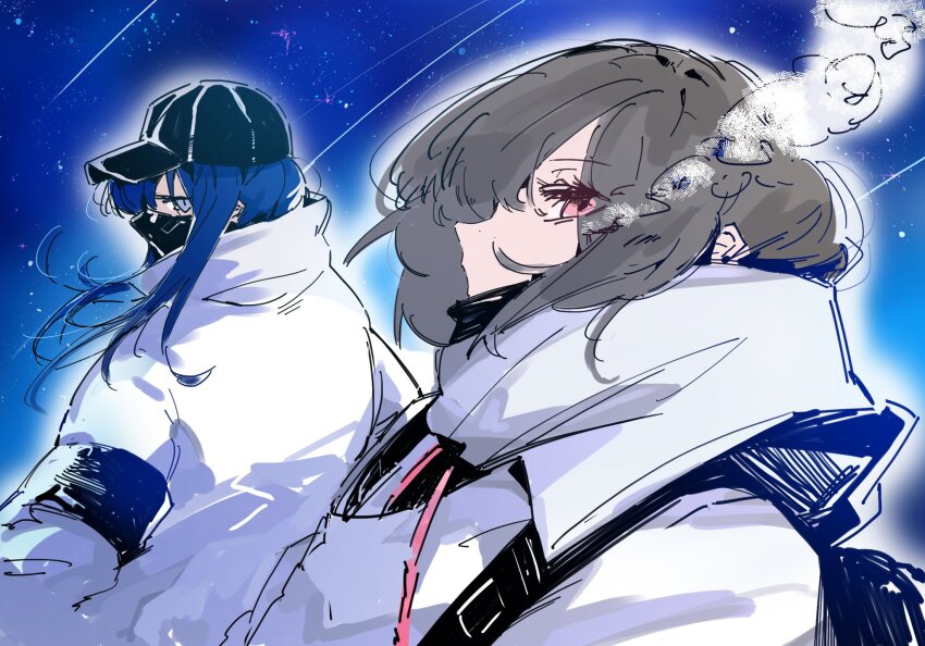 2girls baseball_cap black_hair black_headwear blue_archive blue_eyes blue_hair breath chiriejjiyo commentary_request hat highres jacket long_hair looking_at_viewer mask misaki_(blue_archive) multiple_girls night night_sky red_eyes saori_(blue_archive) short_hair sky star_(sky) starry_sky upper_body white_jacket
