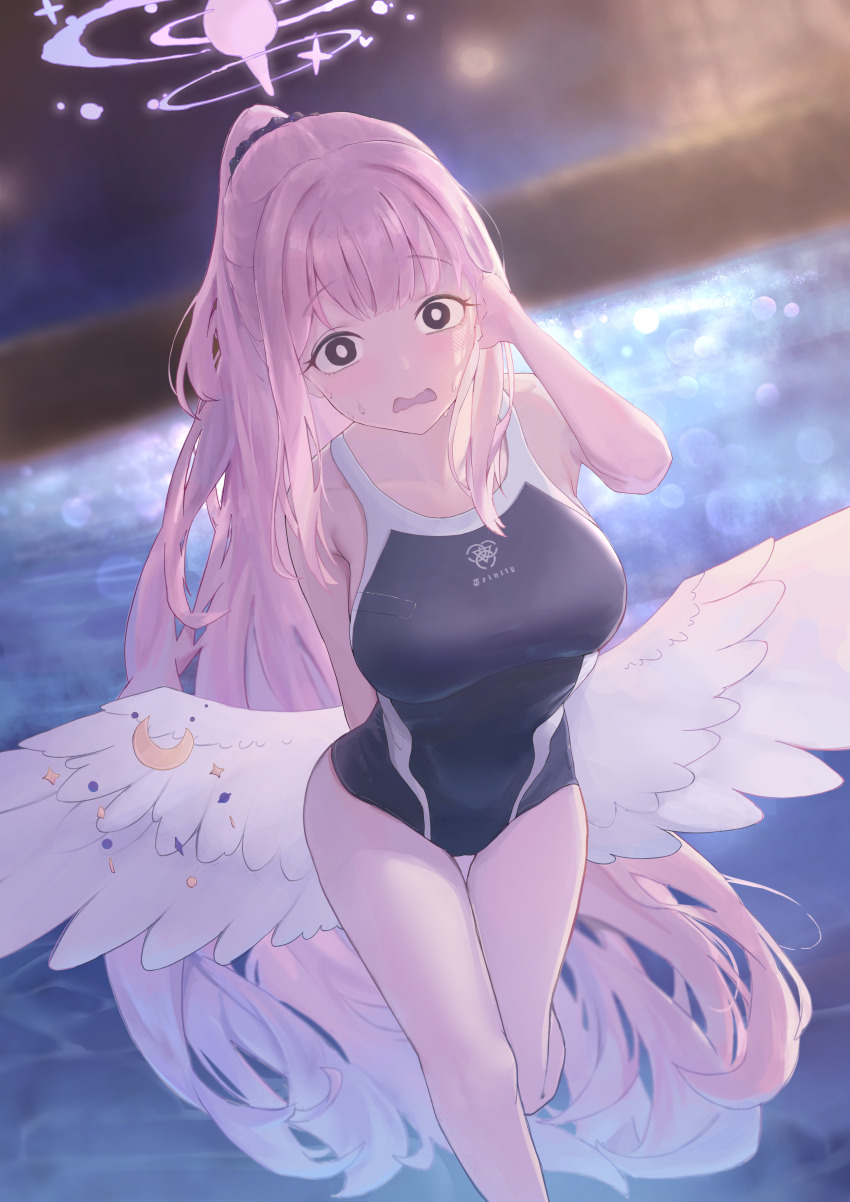 1girl :o absurdres alternate_costume alternate_hairstyle angel_wings arm_behind_back armpit_crease armpits black_one-piece_swimsuit black_scrunchie blue_archive blurry blurry_background blush bokeh breasts chestnut_mouth clothes_writing collarbone commentary_request competition_school_swimsuit crescent depth_of_field emblem feathered_wings foot_out_of_frame gradient_hair hair_ornament hair_scrunchie halo hand_in_own_hair hand_up hedge high_ponytail highres large_breasts leaning_forward long_hair looking_at_viewer low_wings mika_(blue_archive) multicolored_hair nekoplanetouo night one-piece_swimsuit outdoors pink_hair pink_halo polka_dot polka_dot_scrunchie ponytail pool poolside raised_eyebrows school_swimsuit scrunchie sidelocks solo standing standing_on_one_leg swimsuit thigh_gap thighs trinity_general_school_swimsuit very_long_hair water white_wings wide_ponytail wings yellow_eyes