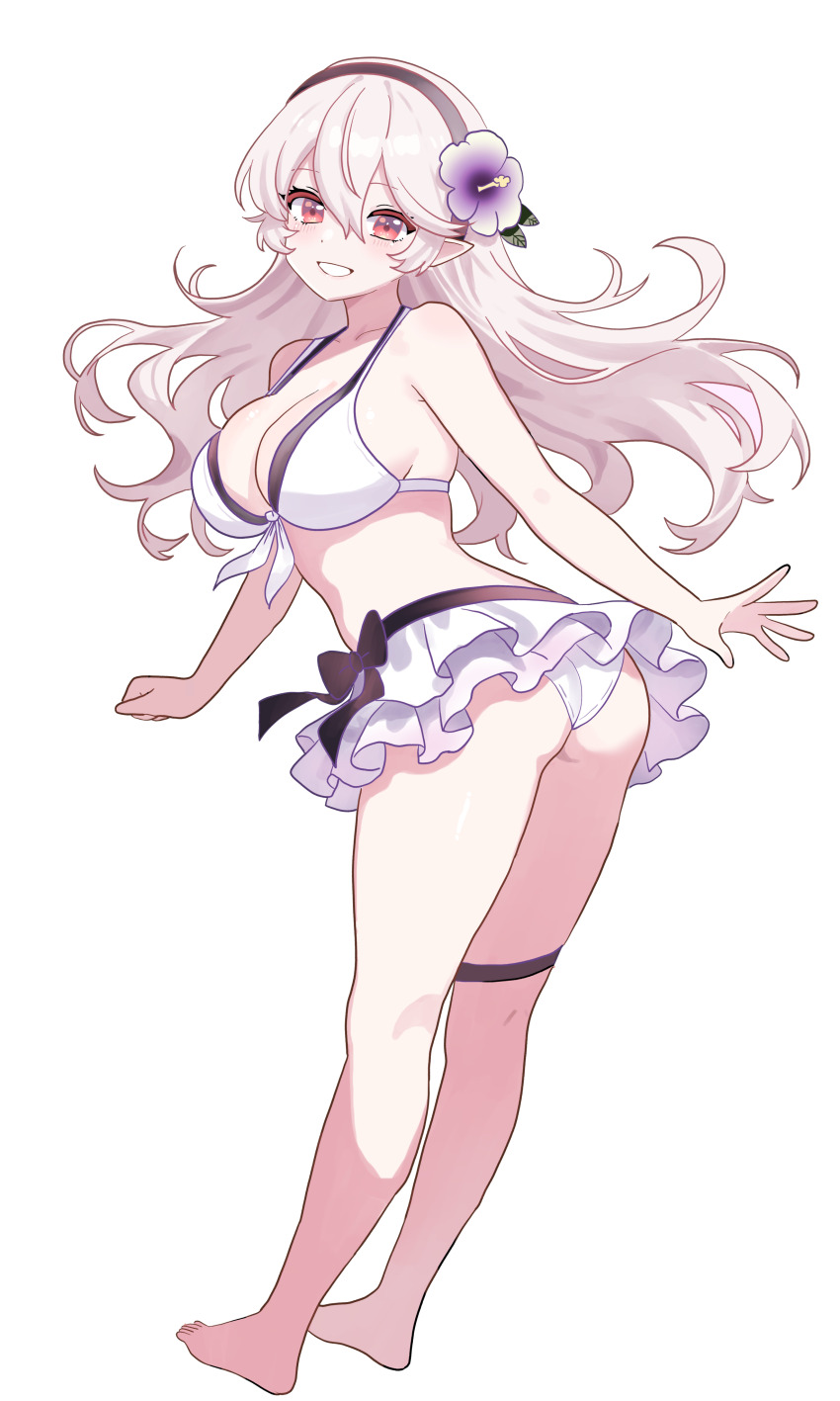 1girl absurdres ass barefoot bikini bikini_skirt black_hairband blush breasts cleavage female_corrin_(fire_emblem) female_corrin_(novice_vacationer)_(fire_emblem) fire_emblem fire_emblem_fates fire_emblem_heroes flower full_body grey_hair hair_between_eyes hair_flower hair_ornament hairband highres large_breasts long_hair looking_at_viewer looking_back n_54 nintendo official_alternate_costume pointy_ears red_eyes skindentation smile solo swimsuit transparent_background white_bikini