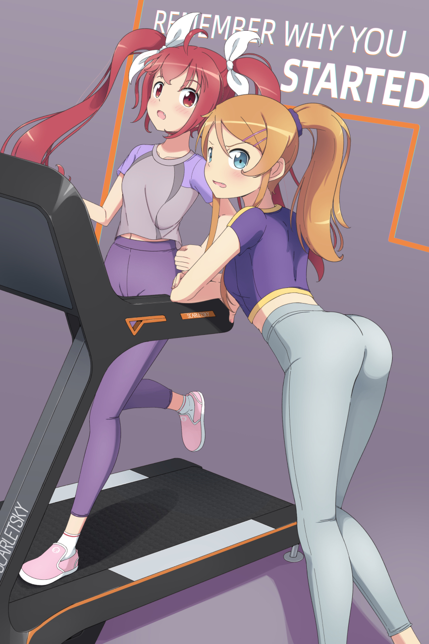2girls absurdres ass blue_eyes blush brown_shirt commentary crossover date_a_live english_commentary english_text grey_pants hair_ornament hair_ribbon hair_scrunchie highres itsuka_kotori kousaka_kirino leaning_forward long_hair looking_at_viewer looking_back midriff midriff_peek multiple_girls navel open_mouth orange_hair ore_no_imouto_ga_konna_ni_kawaii_wake_ga_nai pants pink_shoes ponytail purple_background purple_pants purple_scrunchie purple_shirt purple_sleeves raglan_sleeves red_eyes red_hair ribbon running scarletsky scrunchie shirt shoes short_sleeves standing taketatsu_ayana treadmill twintails voice_actor_connection white_ribbon yoga_pants