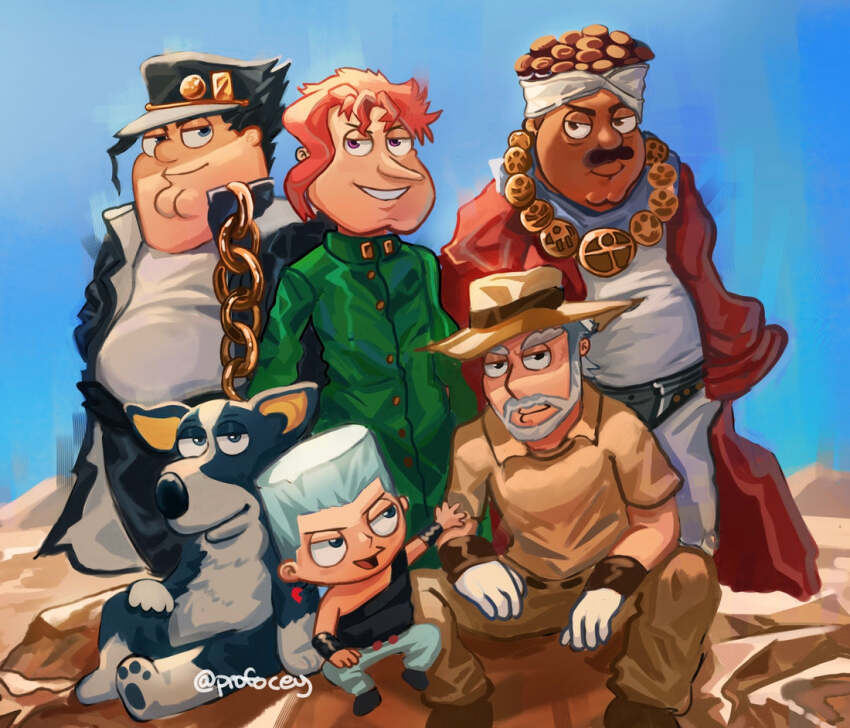 6+boys artist_name beard black_coat black_hair black_hat black_pants black_shirt blue_sky brian_griffin brown_hair brown_hat brown_pants brown_shirt brown_shoes chain cleft_chin cleveland_brown closed_mouth coat cosplay dark-skinned_male dark_skin day desert dog dreadlocks earrings facial_hair family_guy gakuran glenn_quagmire gloves green_jacket hat headband iggy_(jojo) iggy_(jojo)_(cosplay) jacket jean_pierre_polnareff jean_pierre_polnareff_(cosplay) jewelry jojo_no_kimyou_na_bouken joseph_joestar joseph_joestar_(old) joseph_joestar_(old)_(cosplay) kakyoin_noriaki kakyoin_noriaki_(cosplay) kujo_jotaro_(cosplay) kuujou_joutarou looking_at_viewer male_focus mohammed_avdol mohammed_avdol_(cosplay) multiple_boys mustache necklace old old_man open_mouth outdoors pants peter_griffin pink_eyes pink_hair profocey red_robe robe sand school_uniform shirt shoes short_hair sky stardust_crusaders stewie_griffin white_gloves white_hair white_headband white_pants white_shirt