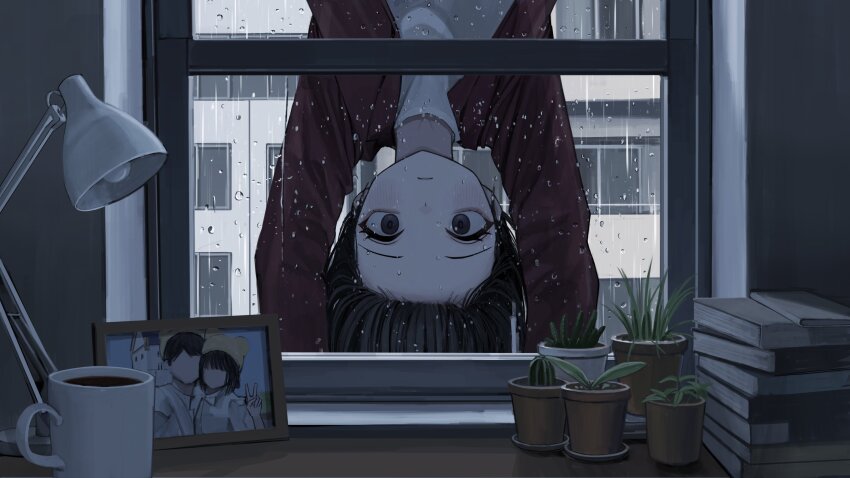 1girl absurdres apartment black_hair blush book book_stack cactus closed_mouth coffee coffee_mug cup desk desk_lamp floating_hair from_inside grey_eyes highres jacket lamp mug original picture_frame plant potted_plant rain red_jacket sakiika0513 shirt solo turtleneck turtleneck_shirt upside-down white_shirt window