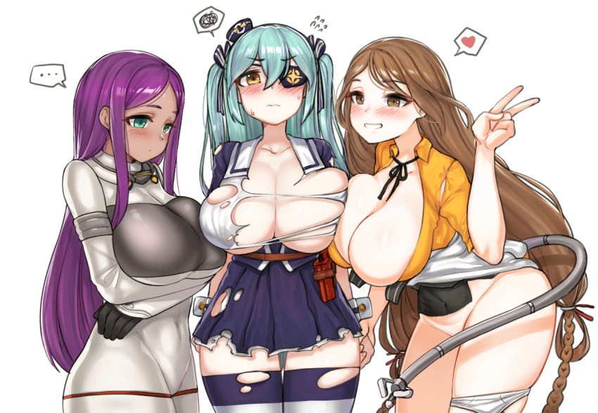 ... 3girls alternate_hair_length alternate_hairstyle aqua_hair asymmetrical_docking blue_eyes blush bottomless breast_press breasts brown_hair bursting_breasts cleavage coco_mercury dark-skinned_female dark_skin doctor_(last_origin) eyepatch grin hair_ribbon heart huge_breasts last_origin long_hair looking_at_viewer lrl_(last_origin) multiple_girls aged_up panties panties_around_leg purple_hair ribbon skirt smile spacesuit spoken_ellipsis spoken_heart spoken_squiggle squiggle thighhighs torn_clothes twintails underwear v very_long_hair yanuk yellow_eyes