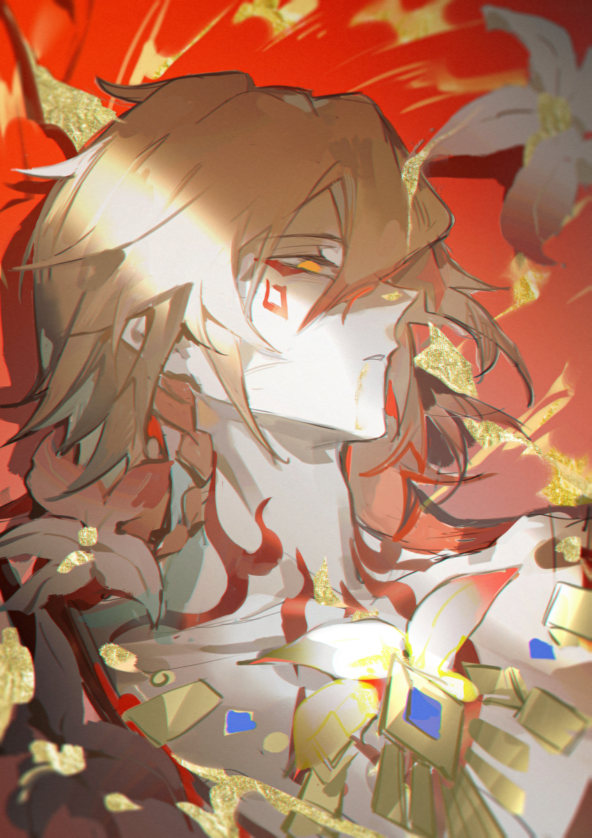 1boy absurdres blonde_hair blood blood_from_mouth braid chest_tattoo chinese_commentary commentary_request cracked_skin death facial_tattoo gradient_hair hair_between_eyes highres honkai:_star_rail honkai_(series) iron_hailai male_focus medium_hair multicolored_hair mydei_(honkai:_star_rail) red_hair red_tattoo side_braid solo spoilers tattoo yellow_blood yellow_eyes