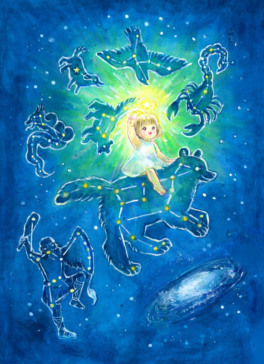 1boy 1girl arm_up baby_animal bare_legs barefoot bear bird blush brown_hair canis_minor_(constellation) child club_(weapon) constellation crab dog draco_(constellation) dragon dress galaxy highres medium_hair nibii open_mouth original orion_(constellation) puppy scorpius_(constellation) smile star_(sky) ursa_major_(constellation) ursa_minor_(constellation) weapon white_dress wide_shot
