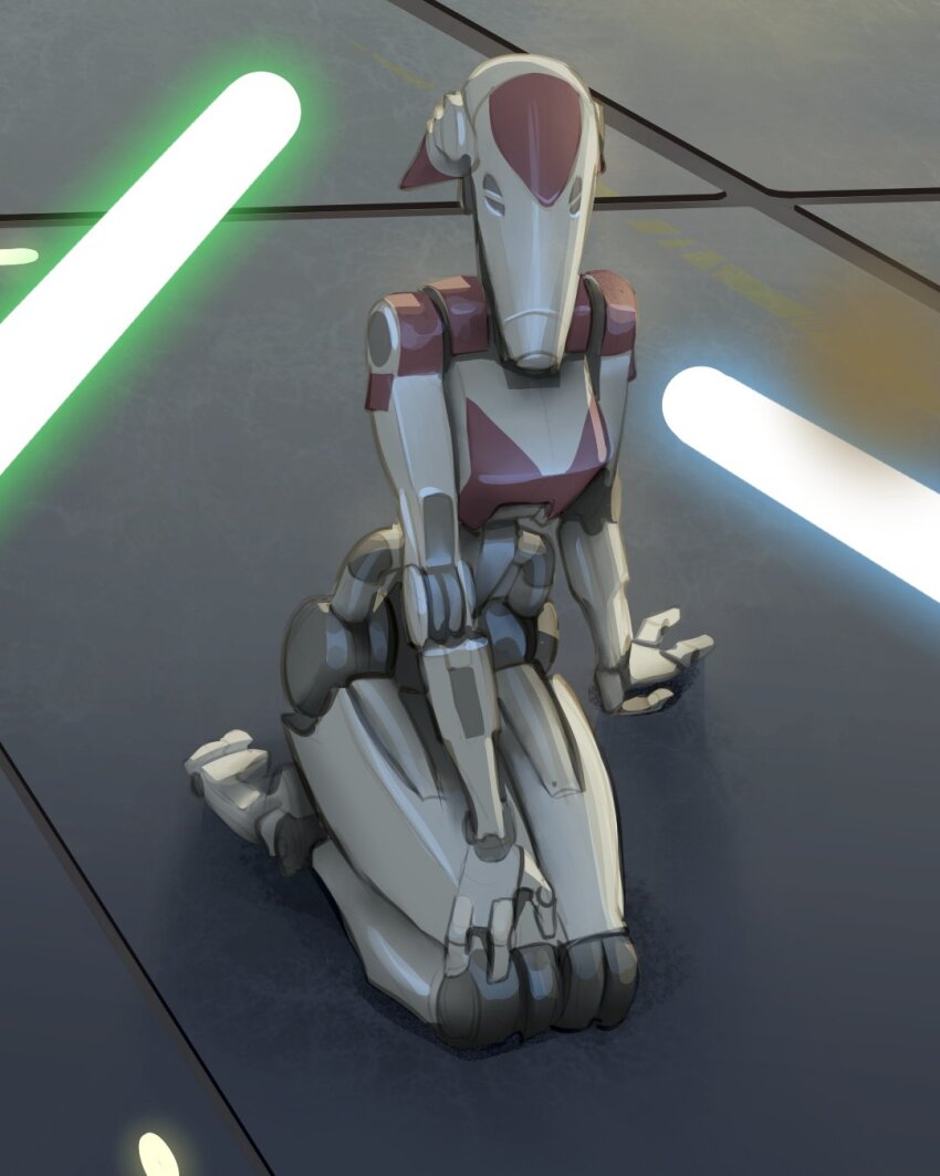 1other arm_support b1_battle_droid blue_lightsaber commentary droid energy_sword english_commentary full_body green_lightsaber highres humanoid_robot kneeling lightsaber looking_at_viewer phallic_symbol robot science_fiction seiza sitting star_wars sword telepurte thighs weapon