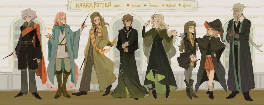 3girls 5boys belt black_belt black_coat black_necktie black_robe blue_coat blue_eyes boots braid brown_coat brown_footwear brown_hair classicaloid coat dress_shoes franz_liszt_(classicaloid) franz_schubert_(classicaloid) frederic_chopin_(classicaloid) glasses gloves grey_eyes grey_gloves grey_hair grey_pants gryffindor hand_in_pocket hand_on_own_hip hat highres hogwarts_school_uniform holding holding_wand hufflepuff johann_sebastian_bach_(classicaloid) long_braid long_hair ludwig_van_beethoven_(classicaloid) multiple_boys multiple_girls necktie o-ring octahooves pants pink_hair plaid_clothes plaid_skirt pyotr_illyich_tchaikovsky_(classicaloid) ravenclaw red_skirt robe scarf school_uniform serious shirt shoes skirt slytherin sparkle striped_clothes striped_scarf tekla_badarzewska-baranowska_(classicaloid) very_long_hair wand white_shirt witch_hat wizarding_world wolfgang_amadeus_mozart_(classicaloid) yellow_eyes