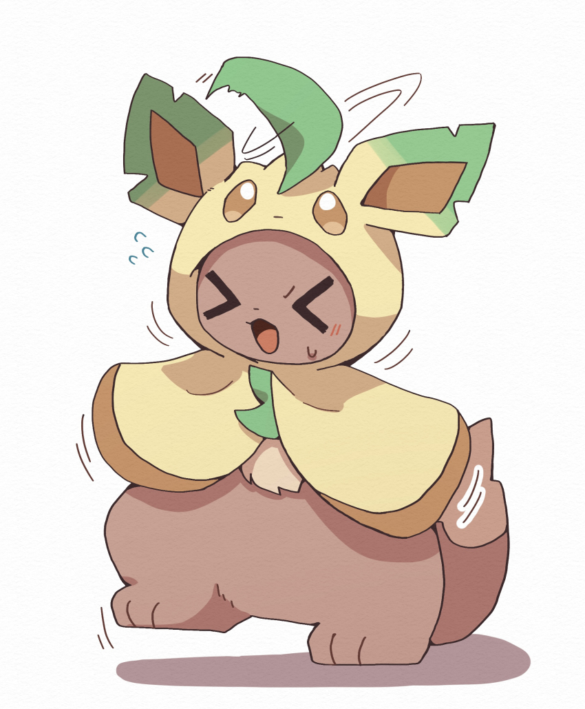 &gt;_&lt; animal_focus closed_eyes clothed_pokemon commentary_request cosplay eevee flying_sweatdrops full_body gen_1_pokemon gen_4_pokemon highres hood hood_up kemosuk leafeon leafeon_(cosplay) motion_lines nintendo no_humans open_mouth pokemon pokemon_(creature) pokemon_focus simple_background solo sweatdrop white_background