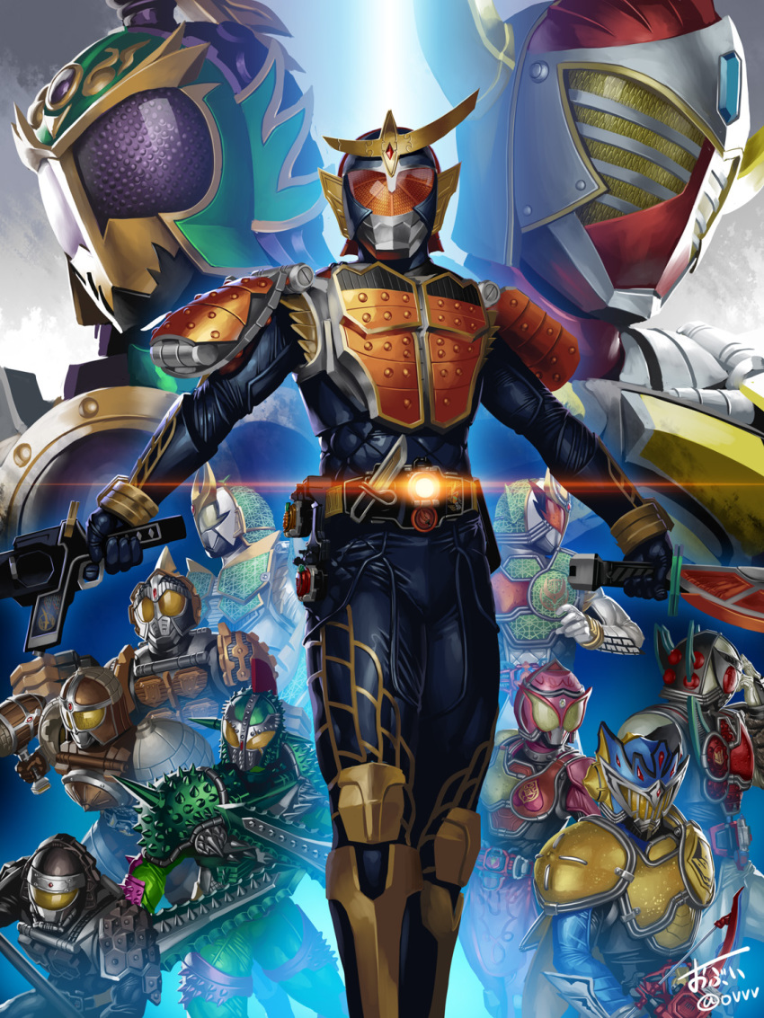 1girl 6+boys armor artist_name belt bow_(weapon) dual_wielding glowing hammer helmet highres holding kamen_rider kamen_rider_baron kamen_rider_bravo kamen_rider_duke kamen_rider_gaim kamen_rider_gaim_(series) kamen_rider_gridon kamen_rider_knuckle kamen_rider_kurokage kamen_rider_marika kamen_rider_ryugen kamen_rider_sigurd kamen_rider_zangetsu kamen_rider_zangetsu_shin mask multiple_boys obui orange_eyes polearm purple_eyes red_eyes shoulder_pads signature spear spikes sword weapon yellow_eyes