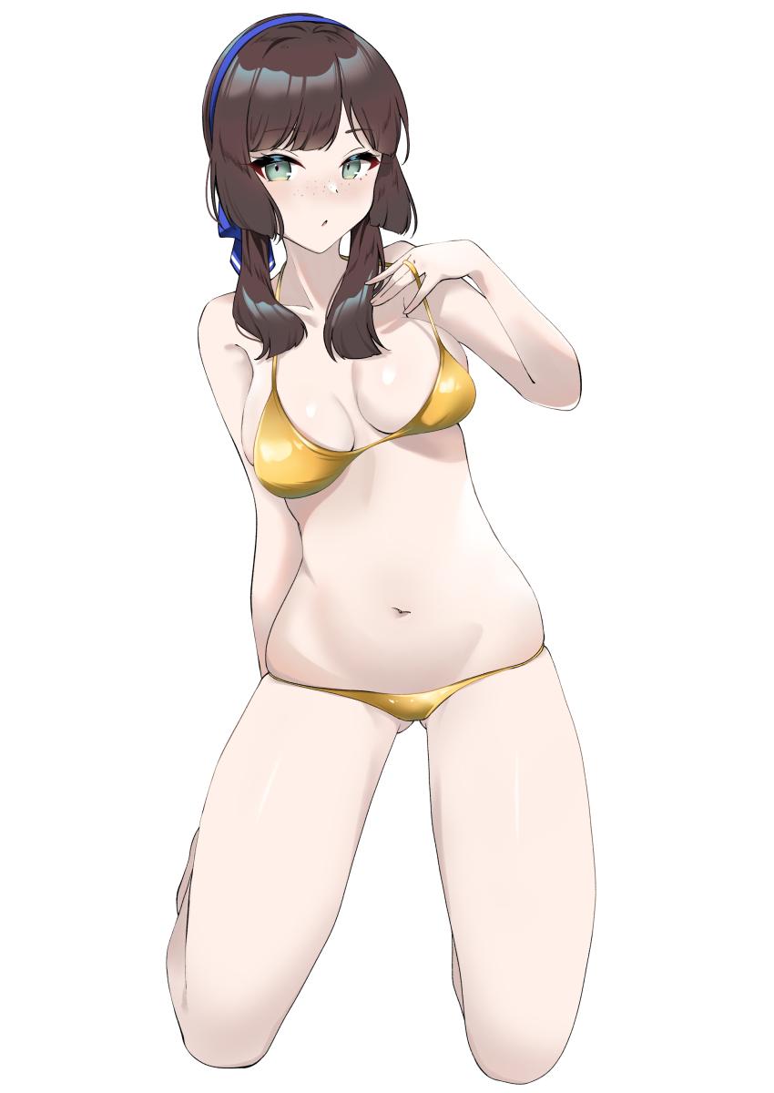 1girl absurdres bikini blue_hairband blunt_sidelocks breasts brown_hair freckles gluteal_fold gold_bikini green_eyes hairband highres kantai_collection long_hair looking_at_viewer medium_breasts mogador_(kancolle) navel shiratsuki_azu simple_background solo swimsuit white_background