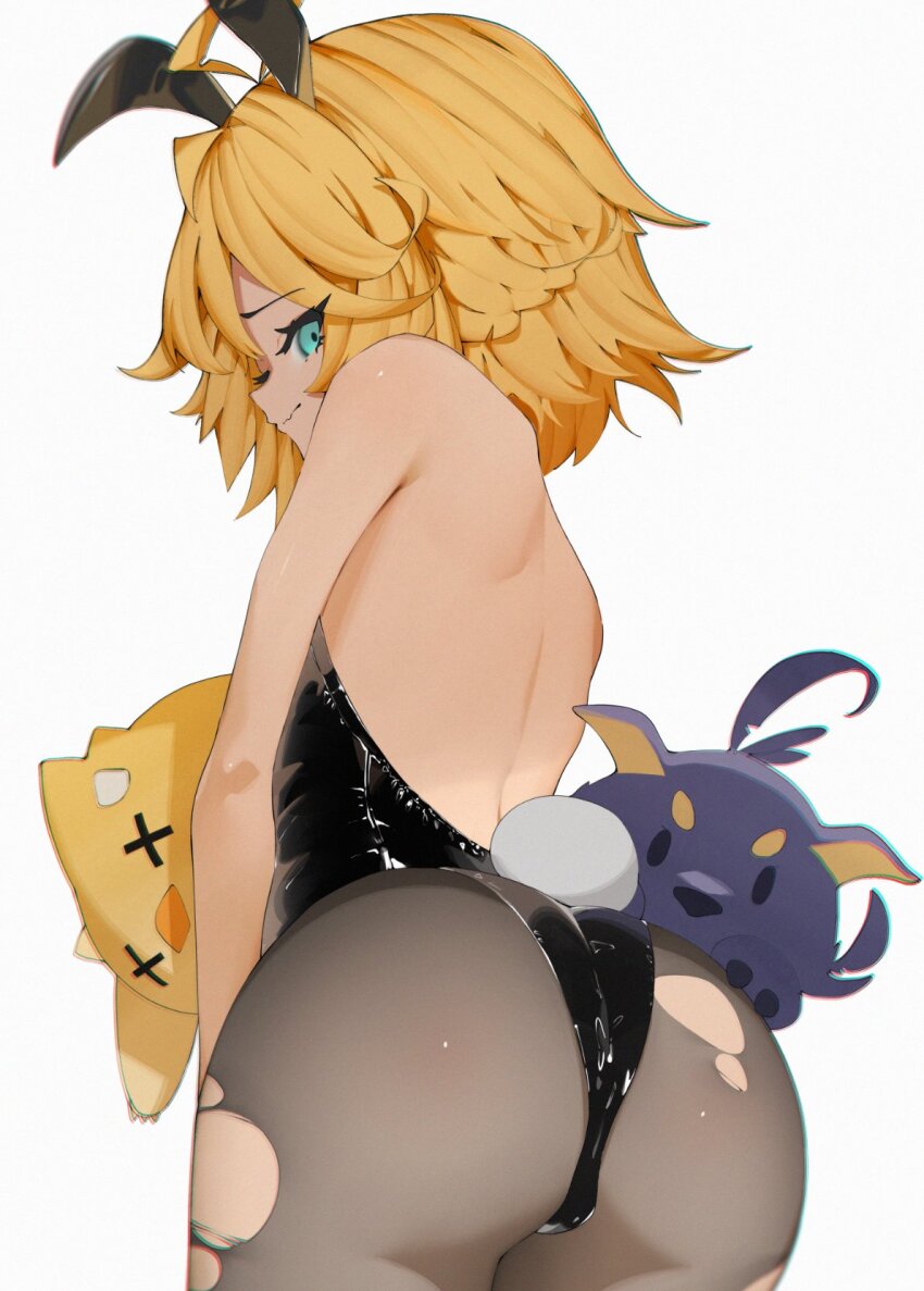 1girl animal_ears antenna_hair ass back bare_back bare_shoulders black_leotard blonde_hair blue_eyes closed_mouth commentary cowboy_shot doki_amber_doge_(dokibird) dokibird_(vtuber) dokibird_(vtuber)_(bounty_hunter) dragoon_(dokibird) english_commentary fake_animal_ears fake_tail from_behind grey_pantyhose highres indie_virtual_youtuber leotard looking_at_viewer looking_back pantyhose playboy_bunny profile rabbit_ears rabbit_tail rieko_(kuusairieko) short_hair simple_background solo strapless strapless_leotard tail torn_clothes torn_pantyhose virtual_youtuber white_background x_x