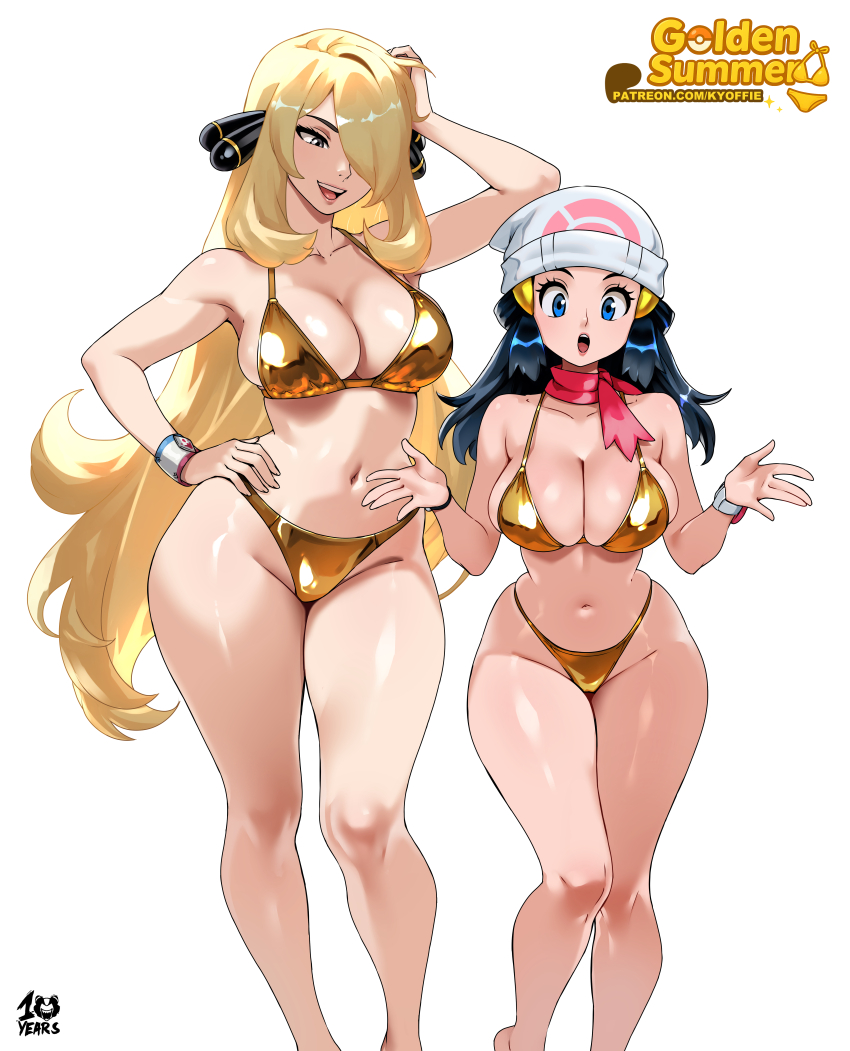2girls absurdres beanie bikini blonde_hair blue_eyes blue_hair breasts cleavage curvy cynthia_(pokemon) dawn_(pokemon) dynamax_band gold_bikini grey_eyes hair_over_one_eye hat highres kyoffie large_breasts long_hair multiple_girls navel nintendo open_mouth pokemon pokemon_dppt simple_background standing swimsuit thighs very_long_hair white_background