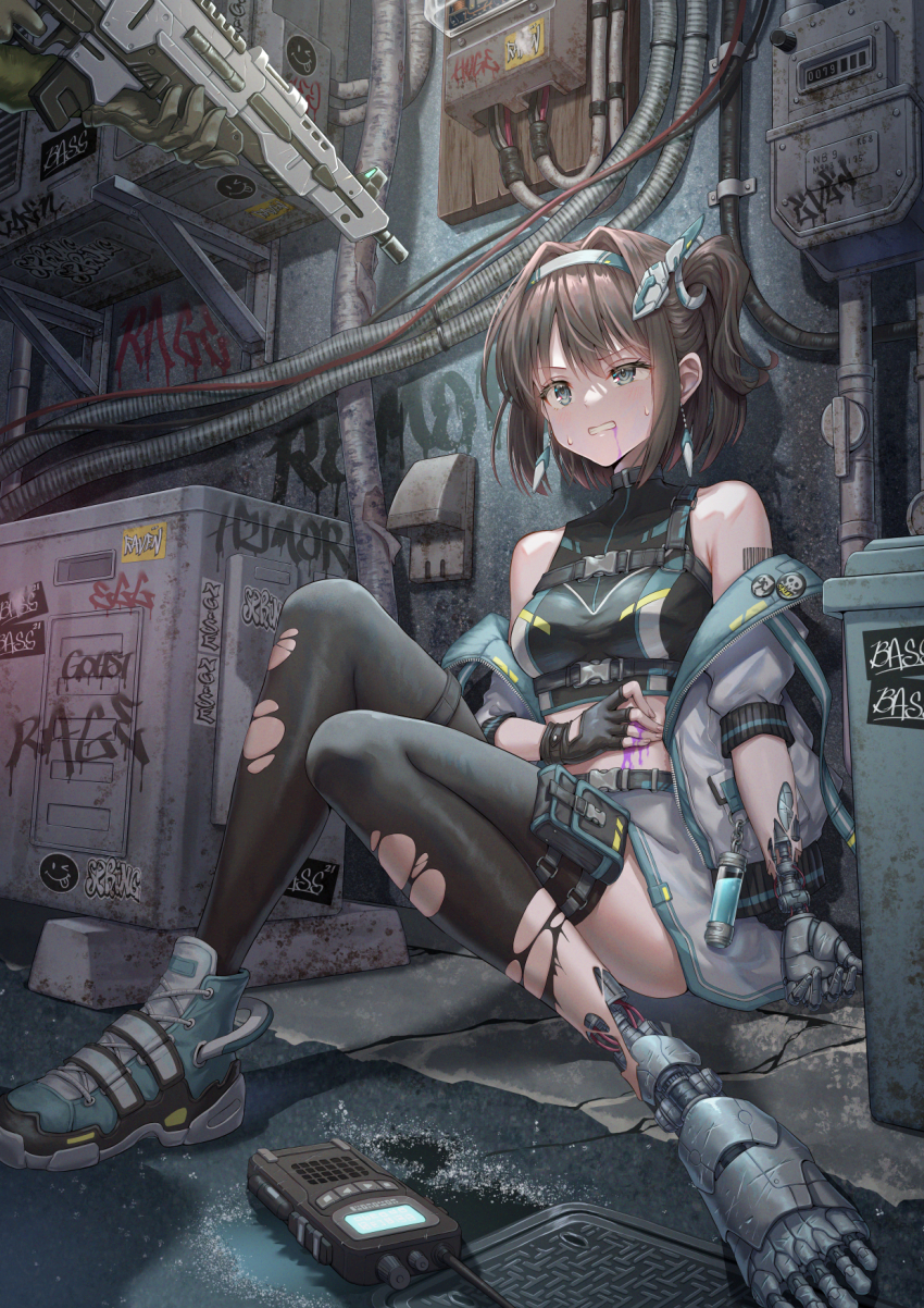 1girl aiming android at_gunpoint bare_shoulders black_thighhighs blood blood_from_mouth breasts brown_hair clenched_teeth commentary crop_top damaged green_eyes gun highres hirokazu_(analysis-depth) holding holding_gun holding_weapon humanoid_robot joints looking_at_viewer mechabare medium_breasts medium_hair midriff original ponytail purple_blood robot robot_girl robot_joints side_ponytail solo_focus teeth thighhighs thighs weapon