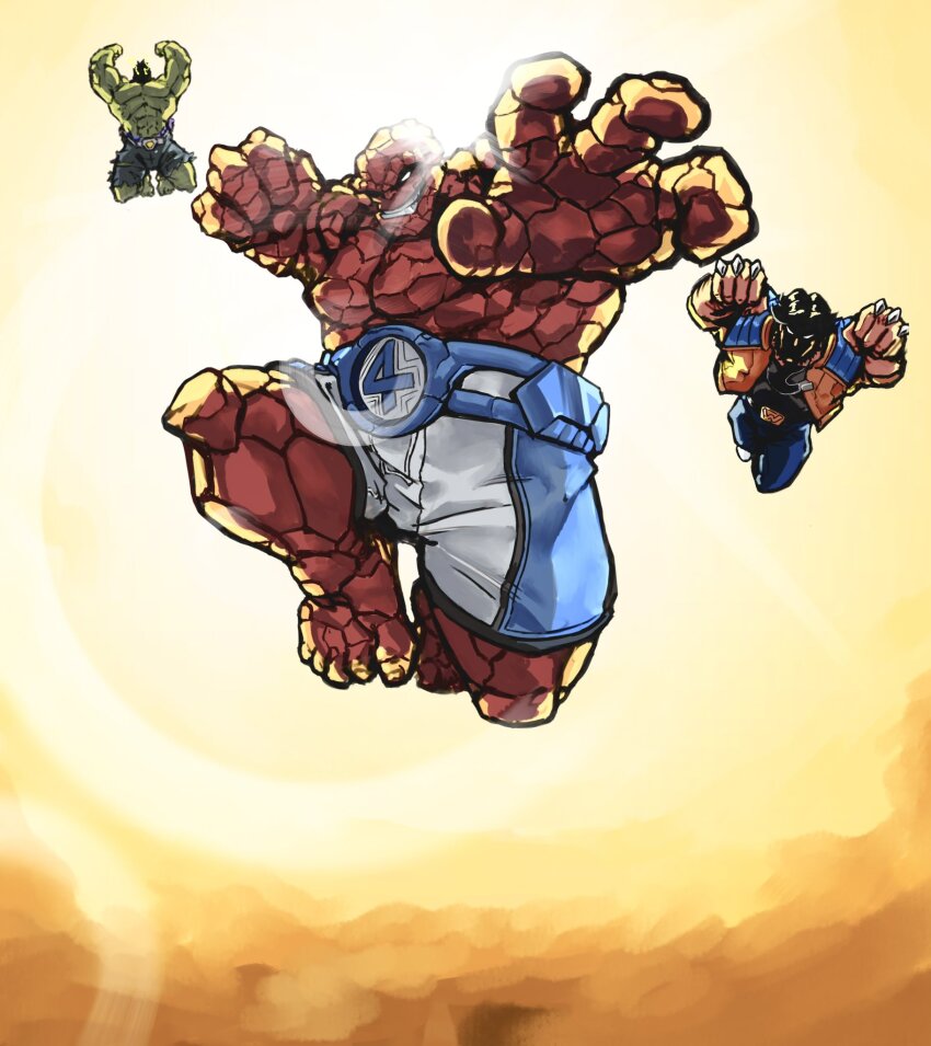 arm_hair artist_request avengers_(series) ben_grimm claw_(weapon) colored_skin fantastic_four green_skin highres hulk jacket large_pectorals looking_at_another male_focus marvel marvel_rivals muscular muscular_male pectorals short_hair superhero_costume weapon wolverine_(x-men) x-men