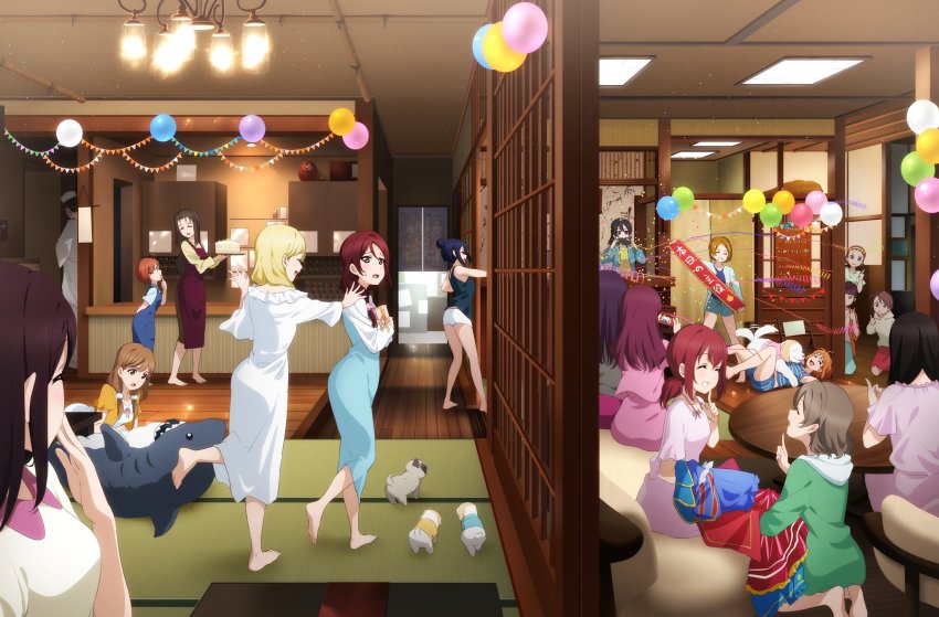 10s 1boy 6+girls ahoge alternate_hairstyle animal_costume baby_animal balloon birthday birthday_cake birthday_party black_hair blonde_hair blue_hair brown_eyes brown_hair cake cellphone commentary confetti cousins dog family food grey_hair hair_bun hair_down hat highres itsuki_(love_live!) kazuno_leah kazuno_sarah kougi_hiroshi kunikida_hanamaru kurosawa_dia kurosawa_ruby long_sleeves love_live! love_live!_sunshine!! love_live!_sunshine!!_the_school_idol_movie_over_the_rainbow low_ponytail low_twintails matsuura_kanan multiple_girls mutsu_(love_live!) orange_hair phone ponytail puppy purple_hair red_hair sakurauchi_riko sakurauchi_riko&#039;s_mother shark_costume shiitake_(love_live!) short_sleeves siblings sidelocks single_hair_bun sisters sleeveless smartphone takami_chika takami_chika&#039;s_father takami_chika&#039;s_mother takami_mito takami_shima tsushima_yoshiko twintails watanabe_tsuki watanabe_you yoshimi_(love_live!)
