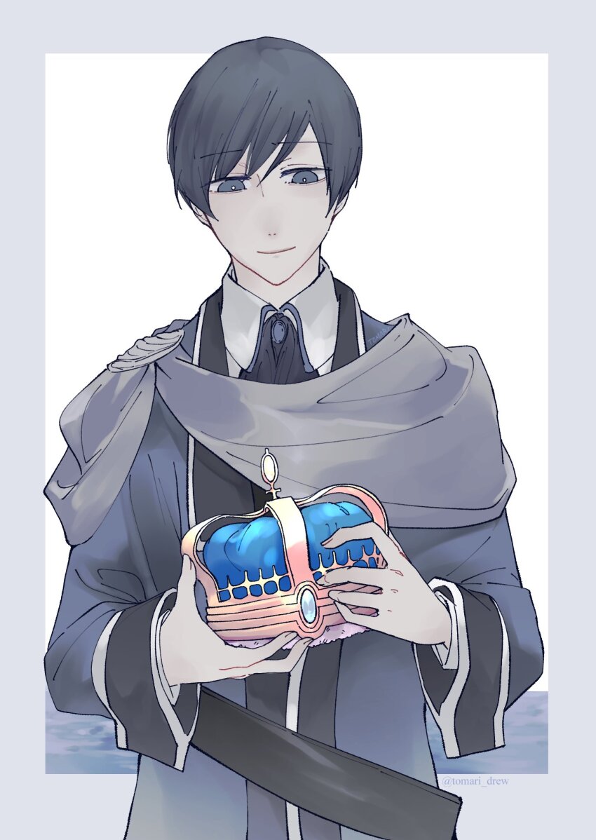 1boy aku_no_musume_(vocaloid) aqua_gemstone ascot black_ascot blue_crown blue_eyes blue_hair cape collared_shirt crown epaulettes gem grey_cape grey_scarf highres holding holding_crown kaito_(vocaloid) kyle_marlon light_smile looking_at_object looking_down male_focus michaela_(evillious_nendaiki) muted_color ocean scarf shirt short_hair single_epaulette solo spot_color swept_bangs tomari_drew upper_body vocaloid white_shirt