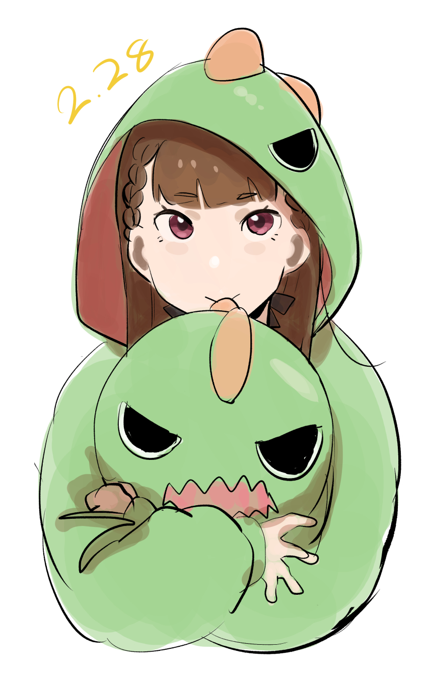 1girl absurdres alternate_costume black_bow bow braid brown_hair center-flap_bangs commentary cropped_torso dated dated_commentary dinosaur_hood gonzales_(love_live!) green_hoodie hair_bow highres holding holding_stuffed_toy hood hoodie kachimachi_kosuzu link!_like!_love_live! long_hair long_sleeves looking_at_viewer love_live! okpriko pink_eyes side_ahoge side_braids simple_background smile solo straight_hair stuffed_animal stuffed_dinosaur stuffed_toy virtual_youtuber white_background