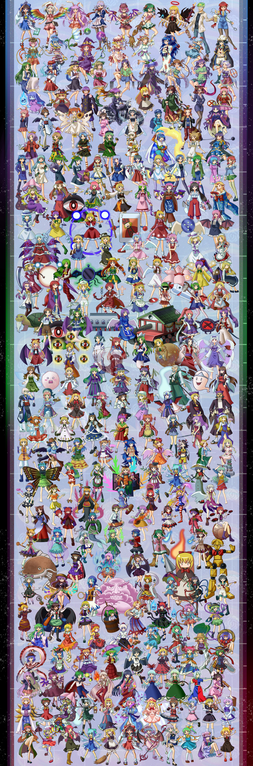 6+girls absurdres animal_ears annotation_request antennae backpack bag bamboo bear_trap beard beer_mug black_bow black_footwear black_hair black_horns blonde_hair blue_hair book boots bow bow_(weapon) braid broom brown_eyes brown_footwear brown_hair bug butterfly camera cat cat_ears cat_tail catfish character_request chen cirno closed_eyes clownpiece cowboy_hat crescent crescent_hat_ornament crossed_arms crystal_ball cuffs cup dress earrings ex-rika facial_hair firefly fish flower footwear_bow frog_hair_ornament genjii_(touhou) geta glasses goutokuji_mike green_bow green_eyes green_hair green_kimono green_skirt grey_hair guitar gun hair_bow hair_flower hair_ornament hair_over_one_eye hairband hakama hakurei_reimu halo handcuffs hat hat_bow hat_ornament head_wings highres holding holding_book holding_bow_(weapon) holding_broom holding_camera holding_cup holding_gun holding_instrument holding_magnifying_glass holding_paintbrush holding_skull holding_sword holding_umbrella holding_weapon hollow_song_of_birds horn_bow horn_ornament horns hoshiguma_yuugi insect instrument inubashiri_momiji japanese_clothes jewelry kaenbyou_rin kariyushi_shirt katana kazami_yuuka key kicchou_yachie kimono kirisame_marisa kochiya_sanae komano_aunn kurokoma_saki magnifying_glass maid_headdress mask microphone misaki_(originalsin) mitsugashira_enoko morichika_rinnosuke motor_vehicle motorcycle mouse_ears mug multiple_boys multiple_girls multiple_tails musical_note mustache namazu_(touhou) navel necktie obi one_eye_closed paintbrush pants pantyhose patchouli_knowledge pink_bow pink_eyes pink_hair pointy_ears purple_bow purple_eyes purple_hair rabbit_ears red_bow red_eyes red_flower red_footwear red_hair red_hakama red_horns rika_(touhou) sakazuki sash school_uniform sekibanki shameimaru_aya sharp_teeth shirt shorts single_horn skirt skull snake_hair_ornament striped_bow suspenders sword tail tanned_cirno teeth tengu_mask touhou turtle twin_braids twintails two_tails umbrella unzan wakasagihime weapon white_bow wings wolf_ears wriggle_nightbug yakumo_ran yakumo_yukari yellow_bow yellow_eyes yellow_necktie yukkuri_shiteitte_ne zun