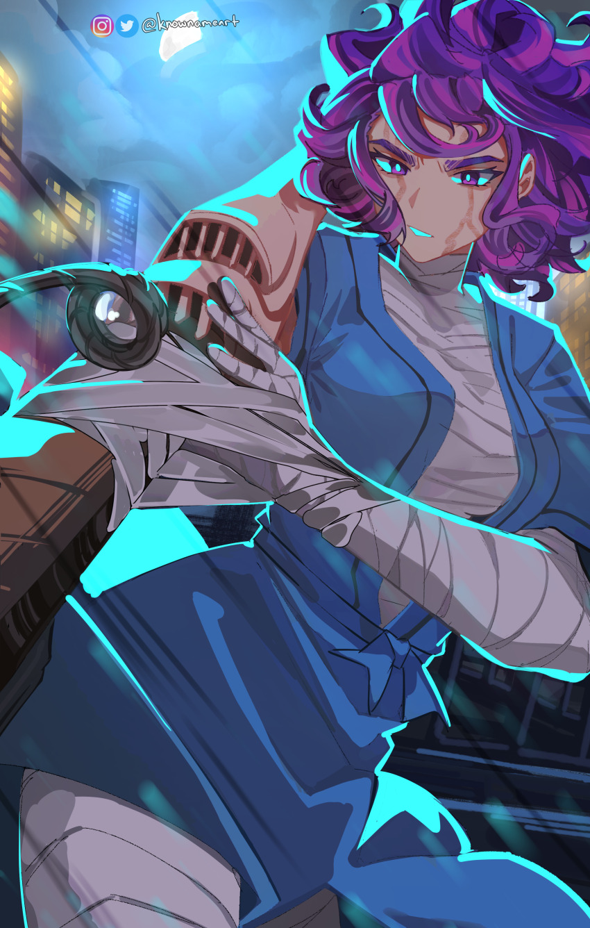 1girl absurdres arm_cannon bandaged_arm bandaged_chest bandaged_fingers bandaged_hand bandaged_leg bandaged_neck bandages boku_no_hero_academia breasts building city cloud floating_hair highres instagram_logo knowname lady_nagant large_breasts looking_at_object moon multicolored_hair night night_sky outdoors purple_eyes purple_hair scar scar_on_face serious short_hair sky solo teeth twitter_logo twitter_username two-tone_hair weapon