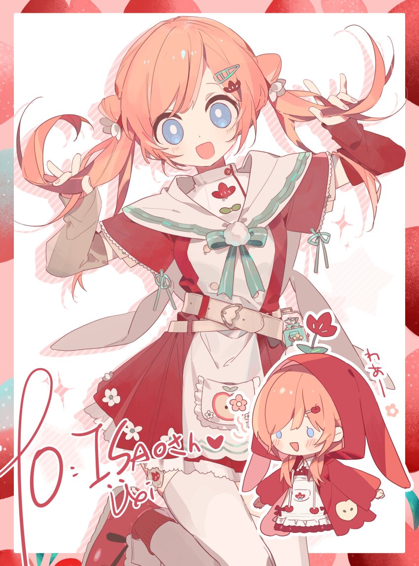 1girl absurdres asphyxia17 blue_eyes chibi commission dress highres hood hooded_jacket jacket looking_at_viewer original red_dress red_hair sailor_dress solo thighhighs twintails twitter white_thighhighs