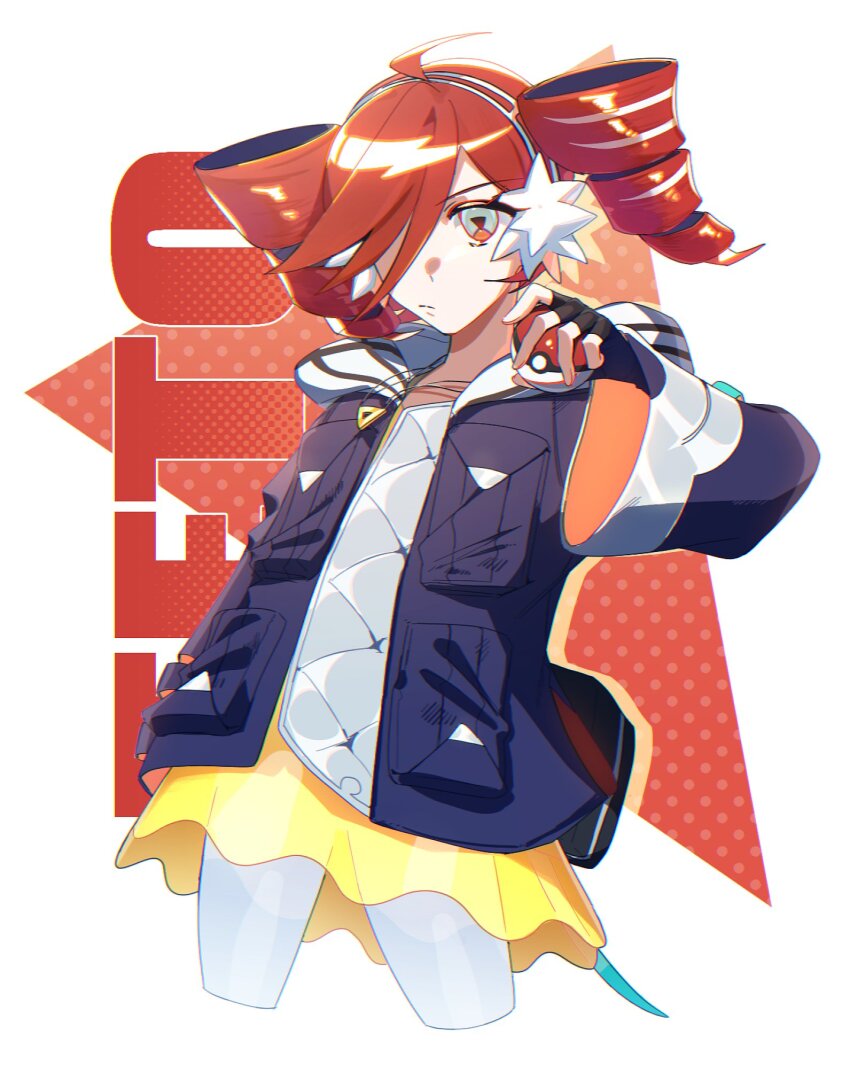 1girl ahoge black_gloves black_jacket closed_mouth cowboy_shot cropped_legs drill_hair fingerless_gloves gloves grey_eyes hair_over_one_eye hand_up hashtag-only_commentary highres holding holding_poke_ball jacket kasane_teto long_sleeves luri_no_tuki nintendo orange_eyes pantyhose poke_ball pokemon project_voltage red_hair rival_teto_(project_voltage) see-through_clothes see-through_skirt shirt simple_background skirt solo symbol-shaped_pupils twin_drills utau vocaloid white_background white_pantyhose white_shirt yellow_skirt