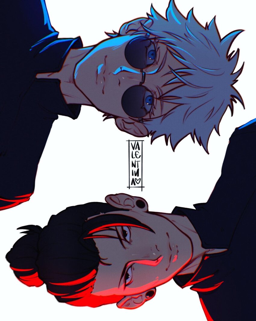 2boys artist_name black_hair black_jacket blue_eyes earrings getou_suguru gojou_satoru highres jacket jewelry jujutsu_kaisen looking_at_viewer multiple_boys short_hair sideways simple_background sunglasses topknot upper_body valentina_tavolilla white_background white_hair