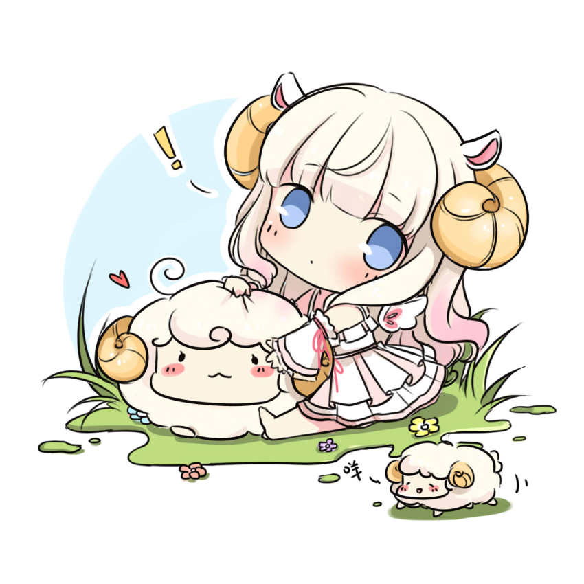 ! 1girl animal_ears blue_eyes blush chibi detached_sleeves dress female_focus grass heart highres horns kexi_shi_ge_hentai looking_at_viewer original sheep sheep_ears sheep_horns sitting solo white_hair