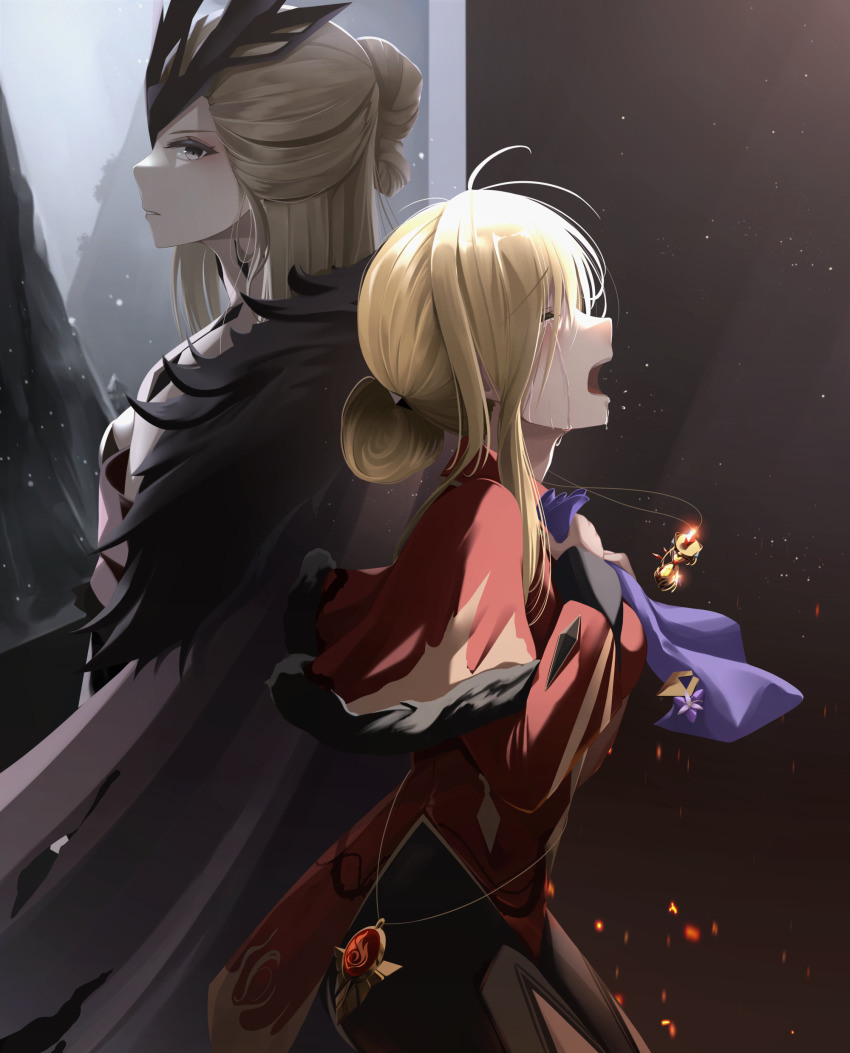 2girls absurdres black_mask blonde_hair capelet coat crying dress dual_persona embers closed_eyes from_side fur-trimmed_coat fur_trim genshin_impact hair_bun highres hourglass jewelry long_hair looking_at_viewer multiple_girls necklace open_mouth parted_lips profile red_capelet red_dress signora_(genshin_impact) single_hair_bun snowing vision_(genshin_impact) winterlime12 aged_down