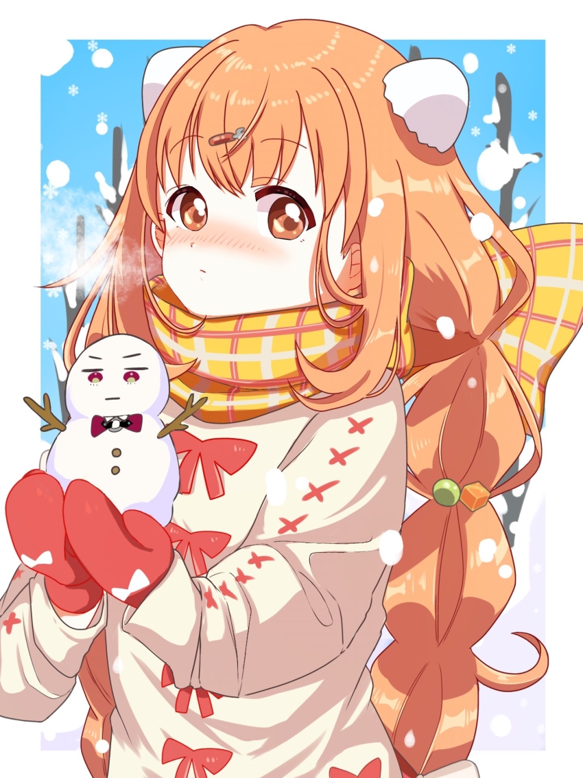 1girl blush border bow braid brown_eyes closed_mouth cold cube_hair_ornament egg_hair_ornament food-themed_hair_ornament fork_hair_ornament hair_ornament hairpin highres holding_snowman kirara_tamako long_hair looking_at_viewer low_twin_braids mittens nijisanji omochi1555 orange_hair plaid_clothes plaid_scarf scarf scarf_bow snow snowman solo sweater twin_braids virtual_youtuber winter_clothes yellow_scarf