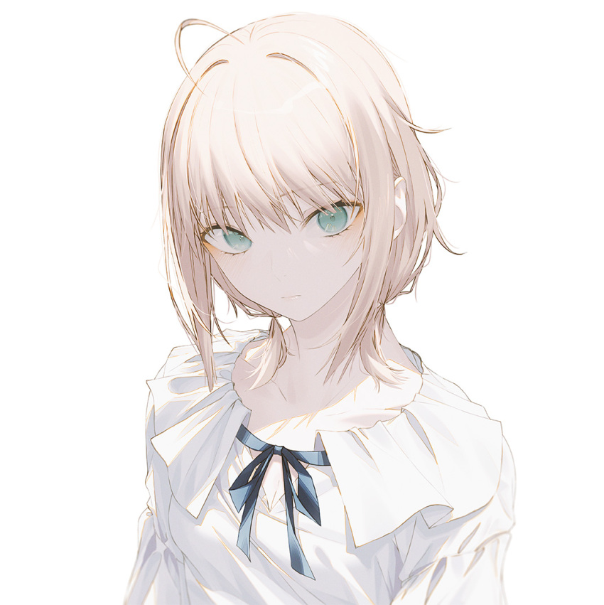 1girl artoria_pendragon_(fate) blonde_hair collarbone fate/stay_night fate_(series) fov_ps green_eyes looking_at_viewer saber_(fate) shirt simple_background solo white_shirt