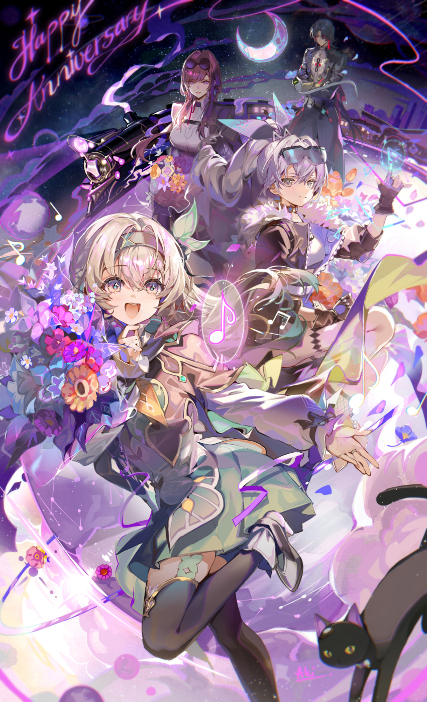 1boy 3girls :d akizero1510 astral_express_(honkai:_star_rail) black_cat black_gloves black_hair black_hairband black_jacket black_thighhighs blade_(honkai:_star_rail) bouquet breasts cat chinese_clothes closed_mouth commentary crossed_arms drill_hair drill_ponytail english_commentary english_text fingerless_gloves firefly_(honkai:_star_rail) flower fur-trimmed_jacket fur_trim gloves goggles goggles_on_head green_pupils green_skirt grey_eyes grey_hair grey_pants hair_ribbon hairband happy_anniversary highres holding holding_bouquet honkai:_star_rail honkai_(series) jacket kafka_(honkai:_star_rail) looking_at_viewer medium_breasts multiple_girls musical_note open_mouth paid_reward_available pants purple_eyes purple_hair purple_ribbon ribbon shirt shoes silver_wolf_(honkai:_star_rail) skirt smile stellaron_hunters_(honkai:_star_rail) thighhighs thighs white_shirt white_shoes