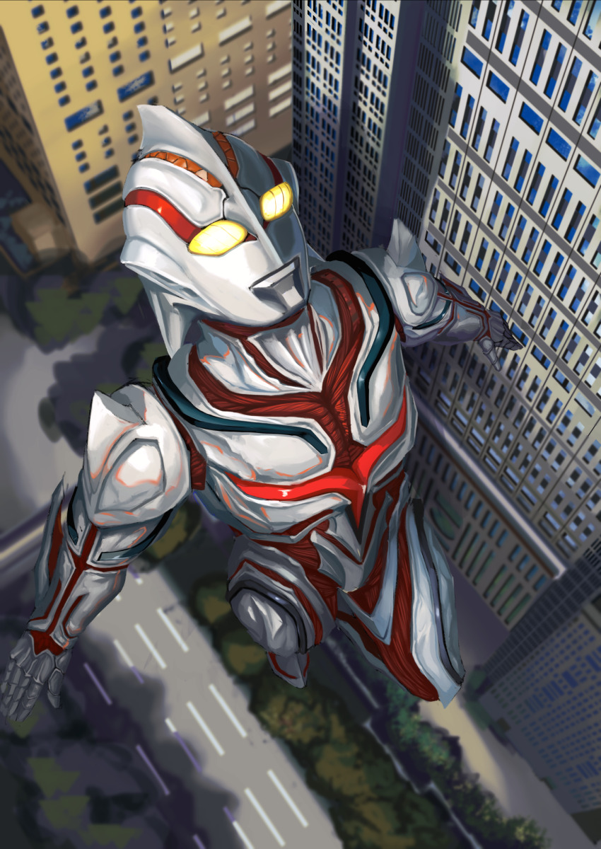 1boy alien armor building chest_jewel city doukesi969 elbow_blade elbow_spikes flying from_above giant glowing glowing_eyes highres looking_up no_humans no_pupils road seijin skyscraper superhero_costume tree tsuburaya_productions ultra_series ultraman:_the_next ultraman_the_next yellow_eyes