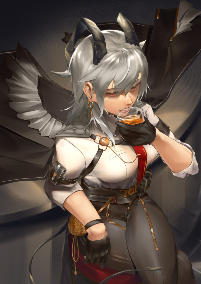 1girl absurdres arm_pouch armband black_armband black_gloves black_horns black_pants black_pouch black_tail breasts chest_harness collared_shirt commentary crossed_legs cup curled_horns demon_tail drinking_glass earrings from_above gloves grey_hair hair_between_eyes harness high-waist_pants highres holding holding_cup horns jewelry key_earrings large_breasts long_hair looking_ahead necktie pants parted_lips red_eyes red_necktie shirt solo tail tight_clothes tight_pants tomi_(user_etxn7372) white_shirt wuthering_waves zani_(wuthering_waves)