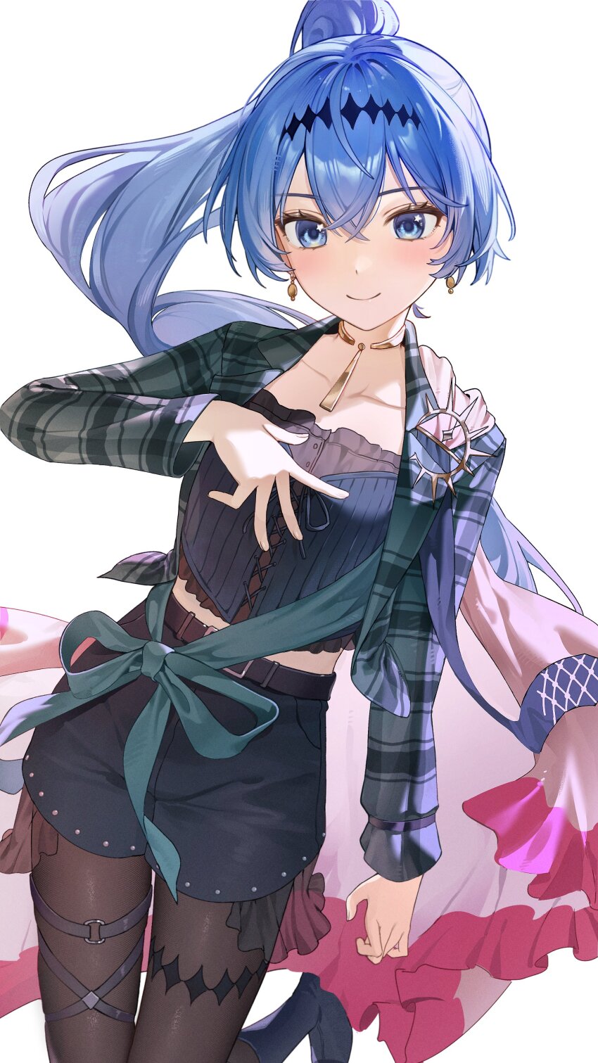 1girl absurdres alternate_costume black_pantyhose blue_eyes blue_hair blush dress_shirt gold_choker hair_between_eyes headband highres hololive hoshimachi_suisei long_hair looking_at_viewer oeuia open_clothes open_shirt pantyhose ponytail shirt shorts simple_background smile solo star_(symbol) star_in_eye symbol_in_eye virtual_youtuber white_background