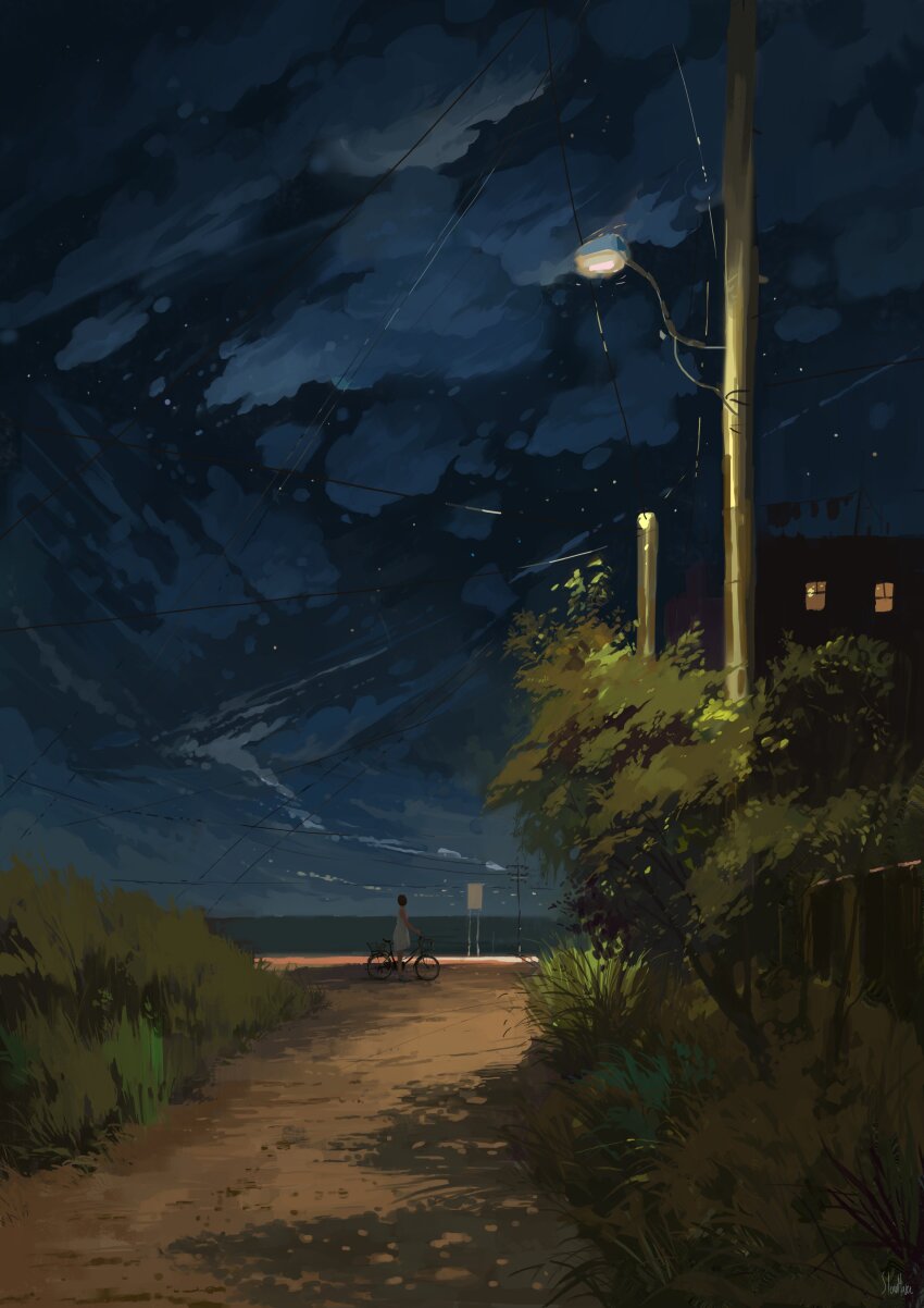 1girl absurdres bicycle building cloud cloudy_sky dirt_road grass highres horizon lamppost night original outdoors painting_(medium) plant power_lines road scenery sky slow_d solo star_(sky) starry_sky traditional_media utility_pole