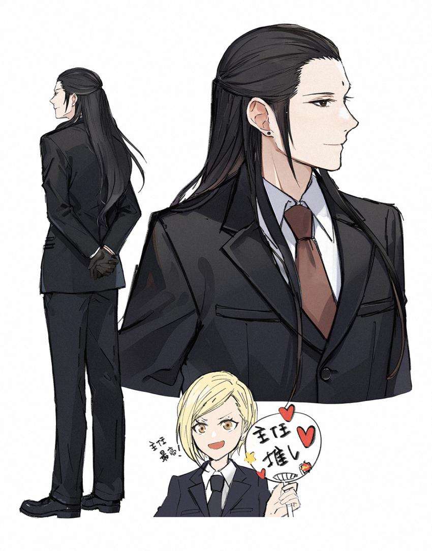 1boy 1girl arms_behind_back bindi black_footwear black_gloves black_hair black_jacket black_necktie black_suit blonde_hair brown_eyes brown_necktie collared_shirt earrings elena_(ff7) final_fantasy final_fantasy_vii formal_clothes full_body gloves hair_pulled_back hand_fan highres holding holding_fan jacket jewelry long_hair morikawaimori necktie open_mouth shirt short_hair sidelocks smile suit suit_jacket swept_bangs tseng upper_body white_background white_shirt