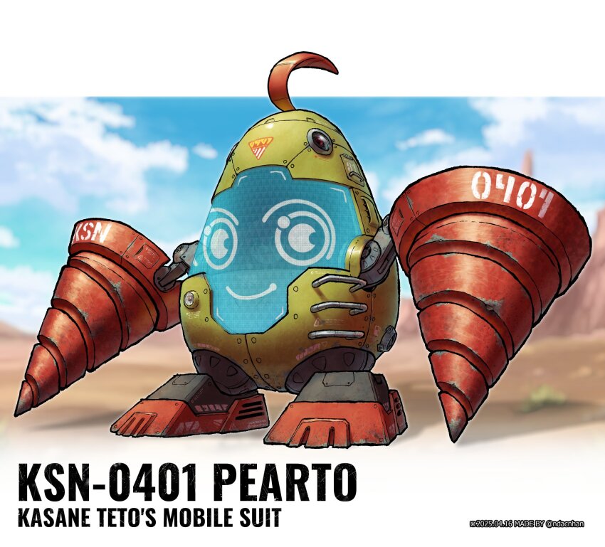 ahoge blue_sky cloud day drill highres kasane_teto looking_at_viewer mecha mecha_focus mesa mobile_suit ndacnhan no_humans outdoors pearto robot sky smile utau