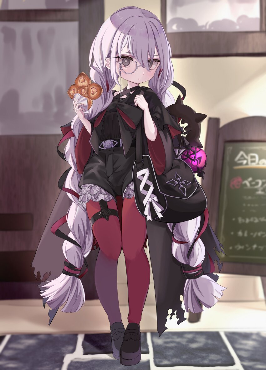 1girl absurdres alternate_costume astellar_of_the_white_forest black_shirt black_shorts blurry blurry_background braid diabellstar_the_black_witch duel_monster food full_body high-waist_shorts highres holding holding_food long_hair pantyhose puyo4996 red_pantyhose shirt shorts solo standing twin_braids yu-gi-oh!