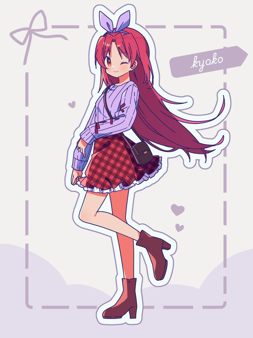 1girl ;) absurdres blush boots bow_hairband brown_boots character_name closed_mouth commentary_request frilled_skirt frills full_body grey_background hairband high_heel_boots high_heels highres long_hair long_sleeves looking_at_viewer mahou_shoujo_madoka_magica mahou_shoujo_madoka_magica_(anime) one_eye_closed outline parted_bangs plaid_clothes plaid_skirt purple_hairband purple_sweater red_eyes red_hair red_skirt ruru_(rurumagi) sakura_kyoko skirt smile solo standing standing_on_one_leg sweater white_outline