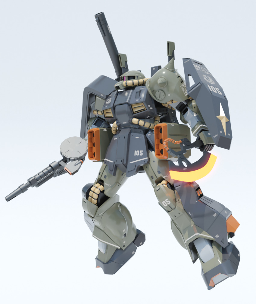 3d cable cannon commentary_request emblem exposed_internal_machinery gassan_(7nan8ku) glowing_hot gradient_background gun gundam heat_hawk highres hizack machine_gun machinery mecha mecha_focus missile_pod mobile_suit no_humans one-eyed realistic robot roundel science_fiction scope shield titans_(gundam) weapon zeta_gundam