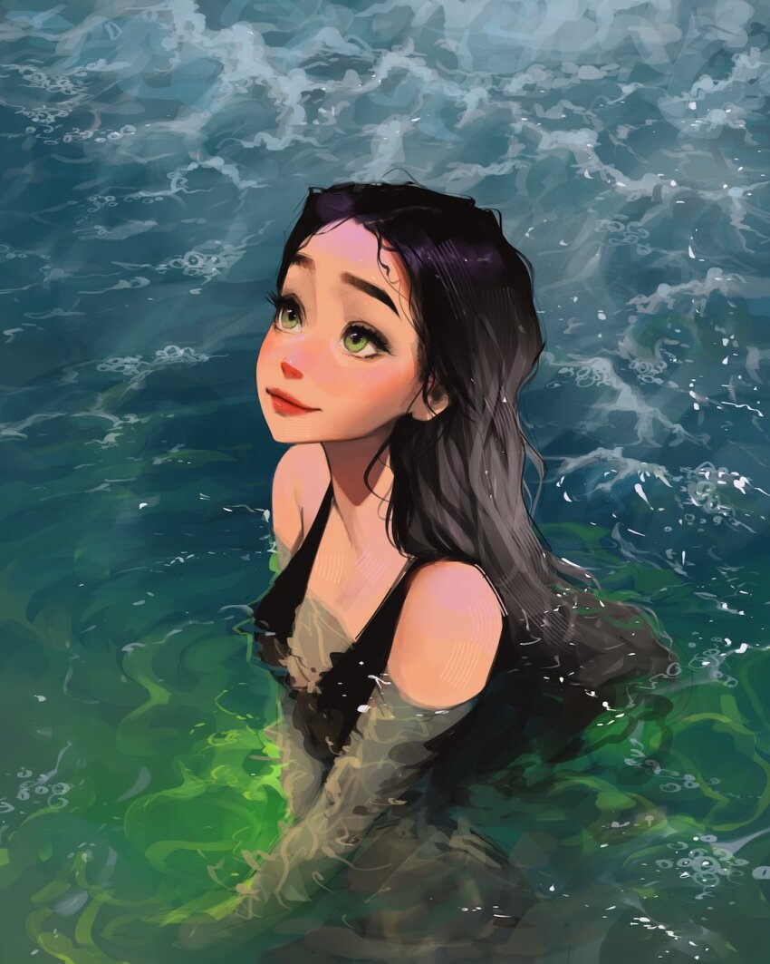 1girl arched_back black_hair black_one-piece_swimsuit breasts caustics cleavage from_above green_eyes highres long_hair one-piece_swimsuit original partially_submerged sam_yang smile solo swimming swimsuit water