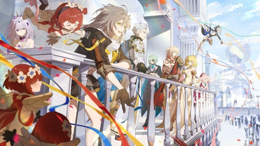 3boys 6+girls absurdres aglaea_(honkai:_star_rail) anaxa_(honkai:_star_rail) angel_wings animal_ears black_coat black_gloves black_leotard black_tiara blonde_hair boots breasts castorice_(honkai:_star_rail) cat_ears cat_girl cat_tail chrysos_heirs_(honkai:_star_rail) cipher_(honkai:_star_rail) coat commentary crowd dress english_commentary flower flower_collar gloves gold_boots green_hair grey_hair hair_flower hair_ornament highres honkai:_star_rail honkai_(series) hyacine_(honkai:_star_rail) kephale_(honkai:_star_rail) leotard long_hair medium_hair multiple_boys multiple_girls mydei_(honkai:_star_rail) pink_hair pointy_ears purple_eyes purple_hair red_hair short_hair smile stelle_(honkai:_star_rail) tail tiara toriumu trailblazer_(honkai:_star_rail) trianne_(honkai:_star_rail) tribbie_(honkai:_star_rail) trinnon_(honkai:_star_rail) twintails white_dress white_hair wings