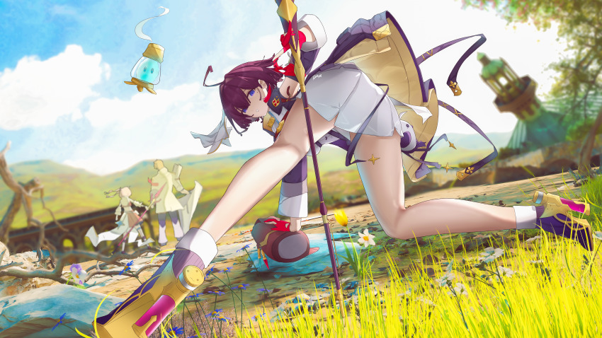 1boy 2girls absurdres adobe1998 ahoge alternate_hair_color asymmetrical_bangs atelier_(series) atelier_yumia black_jacket blue_sky blurry blurry_background cloud commentary dress flammi_(atelier) gloves high_heels highres holding holding_staff isla_von_duerer jacket kneepits legs looking_at_viewer looking_back mole mole_under_eye multicolored_hair multiple_girls on_grass open_clothes open_jacket outdoors parted_bangs partially_fingerless_gloves purple_eyes purple_hair red_gloves red_hair sky staff streaked_hair stuffed_animal stuffed_bird stuffed_toy thighs two-tone_hair viktor_von_duerer white_dress yumia_liessfeldt