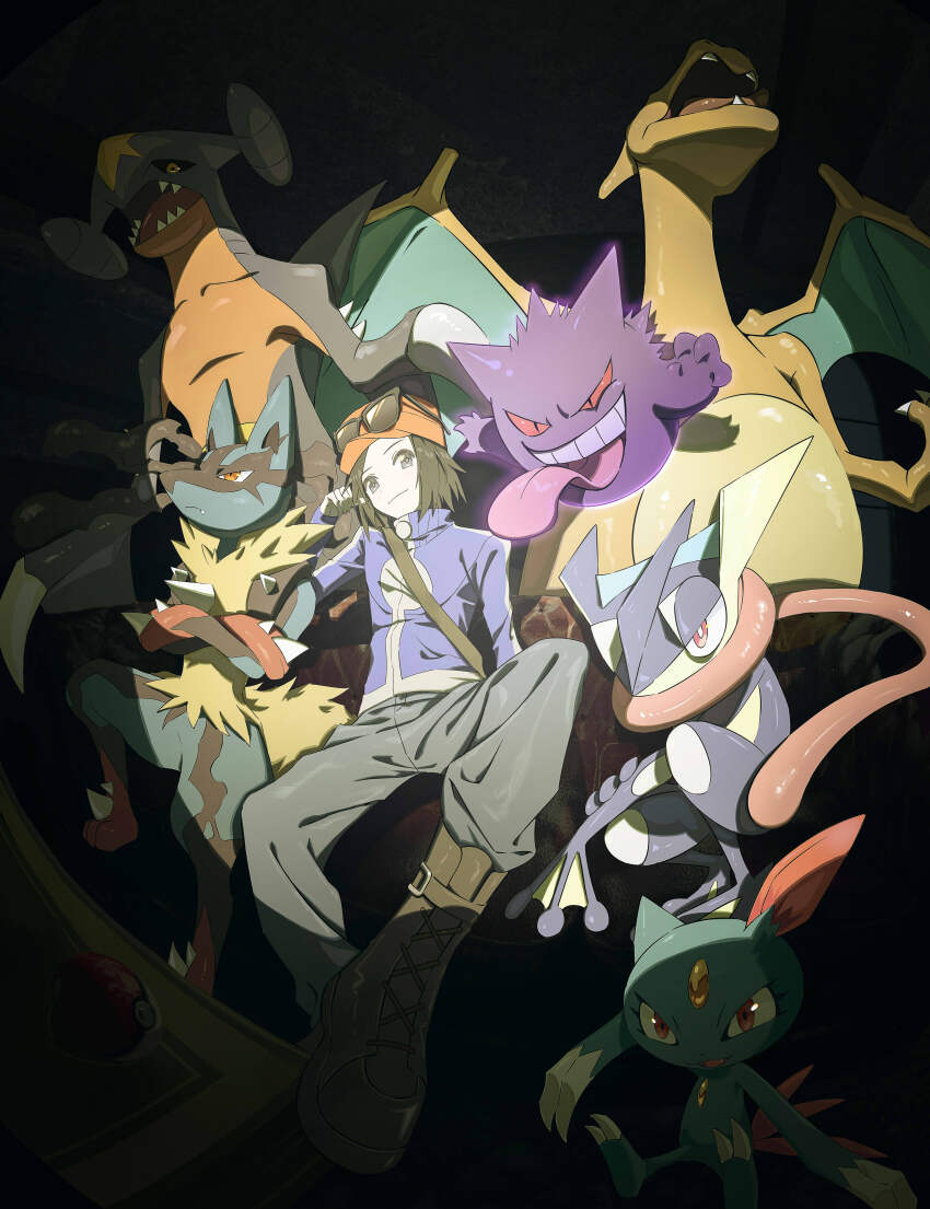 1boy absurdres blue_jacket boots calem_(pokemon) charizard closed_mouth commentary_request emo_qianzi eyewear_on_headwear garchomp gen_1_pokemon gen_2_pokemon gen_4_pokemon gen_6_pokemon gengar glowing greninja grey_eyes hand_up hat highres jacket lucario male_focus mega_lucario mega_pokemon nintendo pants pokemon pokemon_(creature) pokemon_xy sneasel strap sunglasses zipper_pull_tab