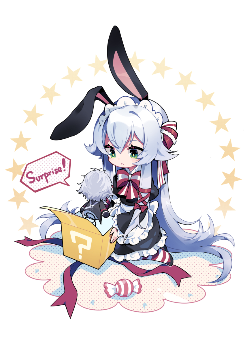 1girl ? alternate_costume altina_orion animal_ears apron bow bowtie candy chibi eiyuu_densetsu english_text enmaided falcom food full_body green_eyes hair_between_eyes hair_bow hair_flaps hair_ribbon highres jack-in-the-box long_hair long_sleeves maid maid_apron maid_headdress puffy_long_sleeves puffy_sleeves rabbit_ears rean_schwarzer ribbon sen_no_kiseki_(series) sen_no_kiseki_i sharlorc short_hair sidelocks silver_hair simple_background sitting socks speech_bubble star_(symbol) straight_hair striped_bow striped_bowtie striped_clothes striped_neckwear striped_socks striped_thighhighs thighhighs white_background