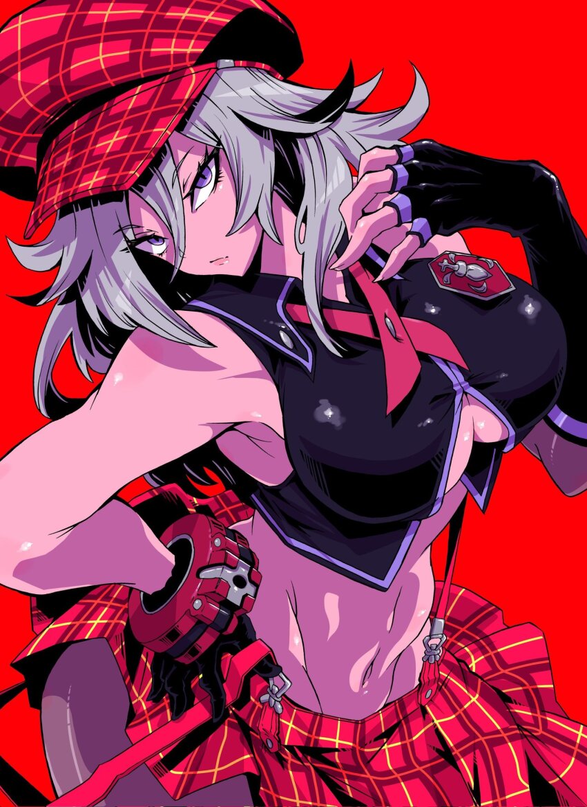 1girl alisa_ilinichina_amiella arm_warmers bare_shoulders black_gloves black_vest breasts cabbie_hat closed_mouth commission cowboy_shot cropped_vest elbow_gloves fingerless_gloves gloves god_eater god_eater_burst grey_hair hair_between_eyes hand_on_own_hip hat highres large_breasts long_hair looking_at_viewer navel nehitsuji_(syatihokoga) plaid_clothes plaid_skirt purple_eyes red_background red_hat red_skirt red_suspenders revealing_clothes sidelocks simple_background single_arm_warmer single_bracer single_elbow_glove skeb_commission skirt stomach suspender_skirt suspenders suspenders_slip vest